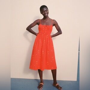 Ciao Lucia Gabriela Floral Embroidered Cotton Smocked Midi Dress Red Orange